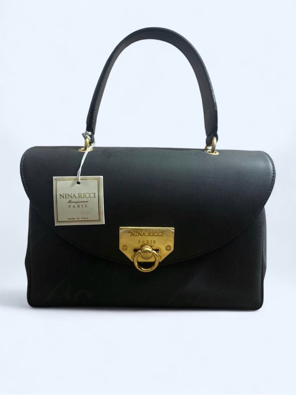 Nina Ricci Black Leather Satchel with Gold-Tone Ring Lock